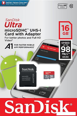 Карта памяти SanDisk Ultra SDSQUAR-016G-GN6MA microSDHC 16GB (с адаптером)