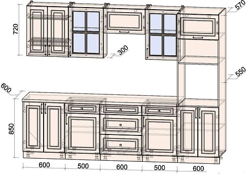 Готовая кухня Интерлиния Мила Шато 2.8В (белый/луна/серый каспий)