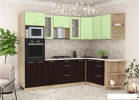 Готовая кухня Интерлиния Мила 1.68x2.6 правая (салатовый/дуб венге/малага)