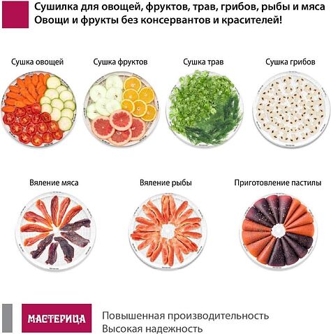 Сушилка для овощей и фруктов Мастерица EFD-0602VM (6 белых поддонов + 2 прозрачных поддона + поддон для пастилы)
