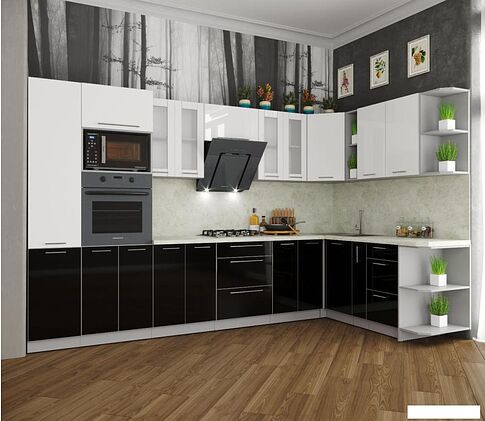 Готовая кухня Интерлиния Мила Пластик 1.88x3.4 правая (черный/белый глянец/опал светлый)