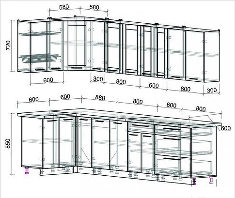 Готовая кухня Интерлиния Мила Пластик 1.2x3.1 (черный глянец/белый глянец/опал светлый)