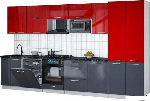 Готовая кухня Интерлиния Мила Gloss 3.7-ПМ2 (асфальт глянец/красный глянец/кастилло темный)