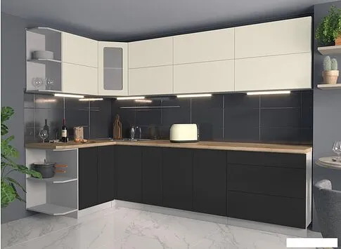 Угловая кухня Интерлиния Мила Матте 1.5x2.9 А левая (слоновая кость/пепел/травертин с.)