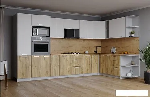 Готовая кухня Интерлиния Мила Лайт 1.88x3.4 правая (белый платинум/дуб золотой/дуб бунратти)