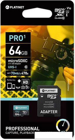 Карта памяти Platinet PMMSDX64UI 64GB (с адаптером)