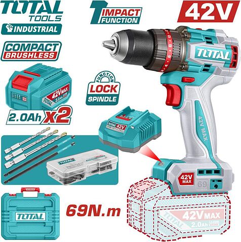 Ударная дрель-шуруповерт Total TIDLI426982 (с 2-мя АКБ, кейс)