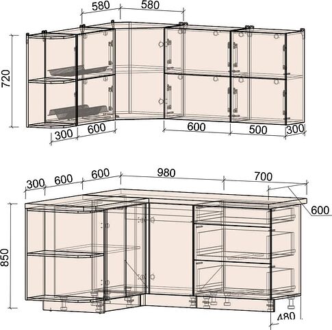 Кухонный модуль Интерлиния Мила Матте 1.5x1.7 А (белый/черный/дуб бунратти)
