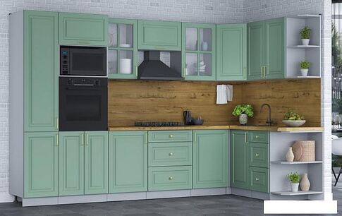 Готовая кухня Интерлиния Мила Шато 1.68x3.2 ВТ правая (мята/мята/дуб бунратти)