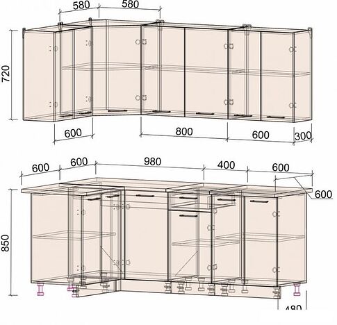 Готовая кухня Интерлиния Мила Лайт 1.2x2.0 (дуб золотой-бетон-дуб бунратти)