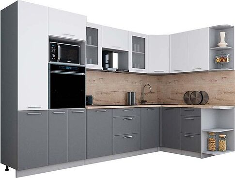 Готовая кухня Интерлиния Мила Gloss 1.68x3.2 правая (белый софт/серый софт/травертин серый)