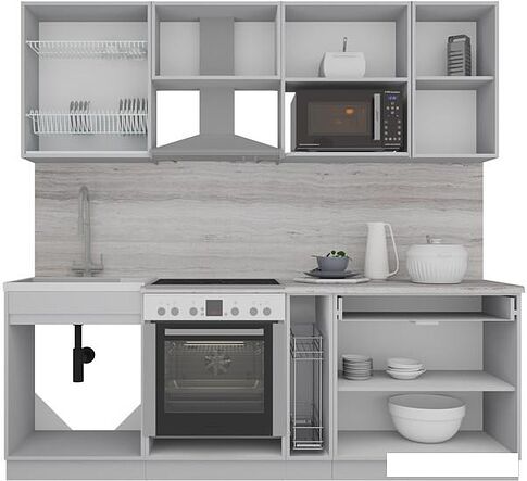 Готовая кухня Интерлиния Мила Gloss 2.2 (белый софт/белый софт/травертин серый)