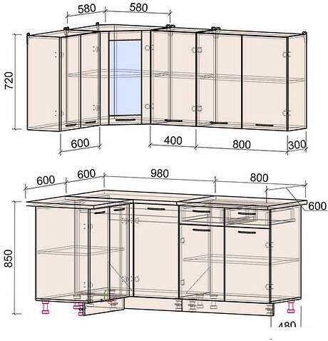 Готовая кухня Интерлиния Мила 12x18 (вудлайн кремовый-антрацит-бискайская сосна)