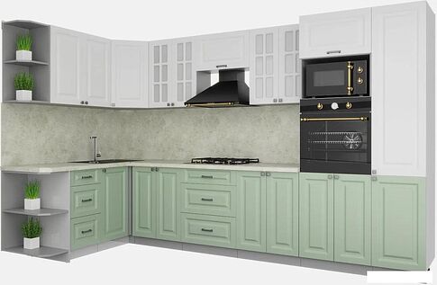 Готовая кухня Интерлиния Мила Деко 1.68x3.4 левая (белый-мята-опал светлый)