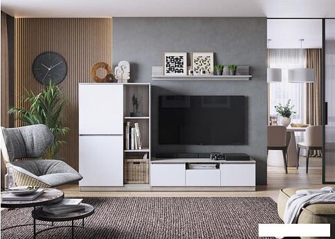 Тумба MLK Лори ТВ с ящиком и 2 дверками (дуб серый/белый)