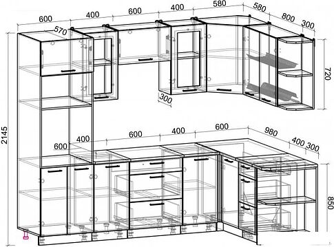 Готовая кухня Интерлиния Мила Gloss 1.68x2.6 правая (белый глянец/графит софт/травертин серый)