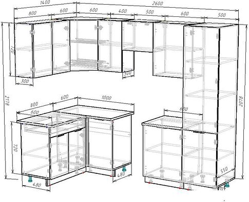 Готовая кухня ВерсоМебель Эко-1 1.4x2.6 левая (белый фасадный/ст.золотистый дуб)