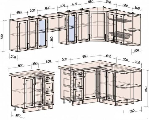 Готовая кухня Интерлиния Тренд 1.5x2.8 правая (луна/луна/бискайская сосна)