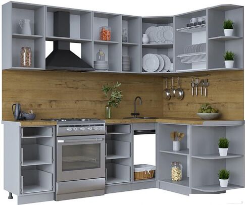 Готовая кухня Интерлиния Тренд 1.5x2.3 правая (луна/луна/бискайская сосна)