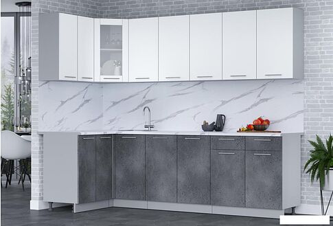 Готовая кухня Интерлиния Мила 12x26 (белый платинум/бетон портленд/белый гранит)
