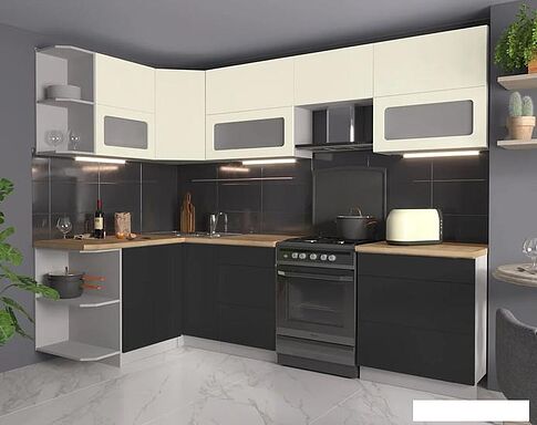 Готовая кухня Интерлиния Мила Матте 1.5x2.7 Б левая (слоновая кость/пепел/травертин серый)