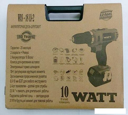 Дрель-шуруповерт WATT WAS-18 Li-2 101803112 (с кейсом)
