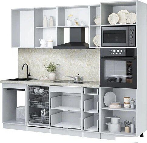 Готовая кухня Интерлиния Мила Лайт 2.45-ПМ3 (белый платинум/белый платинум/травертин серый)