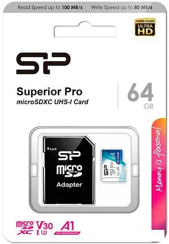 Карта памяти Silicon-Power Superior Pro microSDXC SP064GBSTXDU3V20AB 64GB (с адаптером)