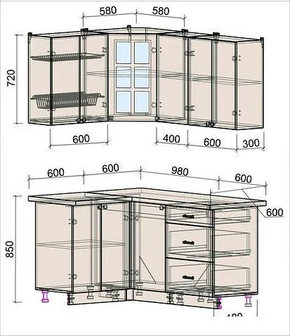 Угловая кухня Интерлиния Мила Деко 1.2x1.6 (мята/травертин серый)