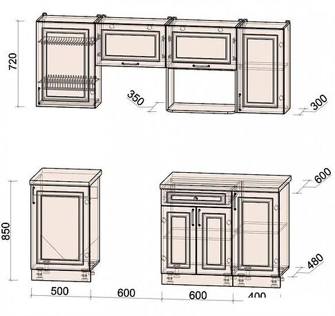 Готовая кухня Интерлиния Мила Шато 2.1В (мята/мята/дуб бунратти)