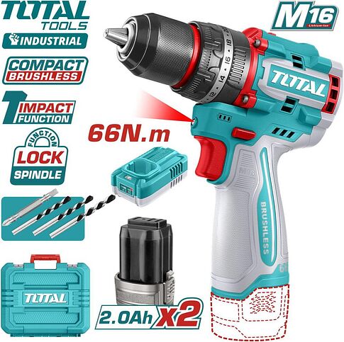 Ударная дрель-шуруповерт Total TIDLI166062 (с 2-мя АКБ, кейс)