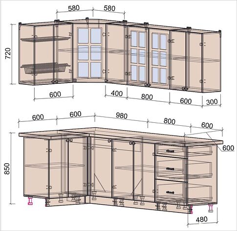 Готовая кухня Интерлиния Мила Деко 1.2x2.4 (керамика/океан/опал светлый)
