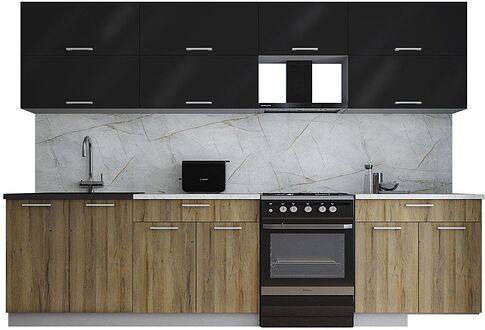 Готовая кухня Интерлиния Мила Gloss 60-30 (черный глянец/дуб вотан/травертин серый)