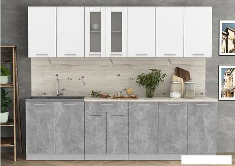 Готовая кухня Интерлиния Мила 26 (бетон/белый платинум глянец/бискайская сосна)