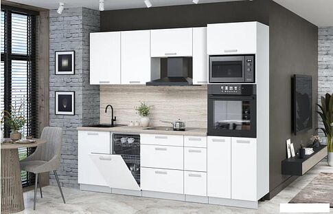 Готовая кухня Интерлиния Мила Лайт 2.45-ПМ3 (белый платинум/белый платинум/травертин серый)