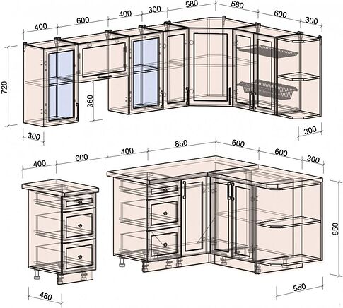 Готовая кухня Интерлиния Тренд 1.5x2.3 правая (океан/океан/дуб бунратти)