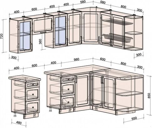 Готовая кухня Интерлиния Тренд 1.7x2.4 правая (мята/мята/дуб бунратти)