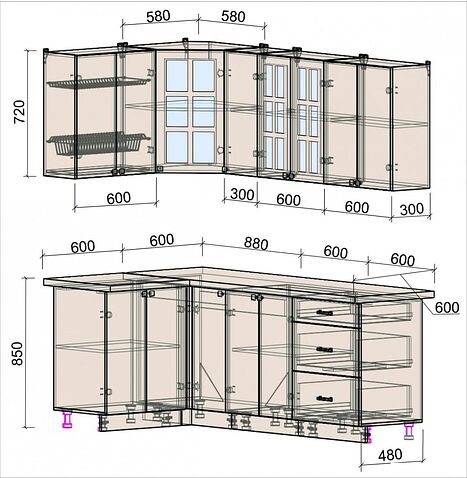 Готовая кухня Интерлиния Мила Деко 1.2x2.1 (черный/дуб вотан/белый гранит)