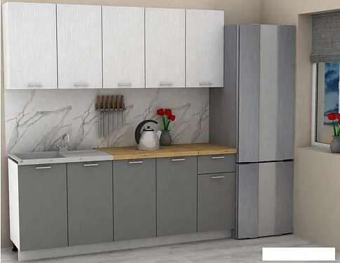 Готовая кухня ЭлиГард Lion 2.0 (белый структурный/дымчатый алмаз/дуб бунратти)