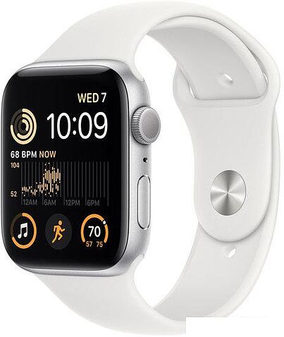 Умные часы Apple Watch SE 2 44 мм (алюминиевый корпус, серебристый/белый, спортивный силиконовый ремешок)