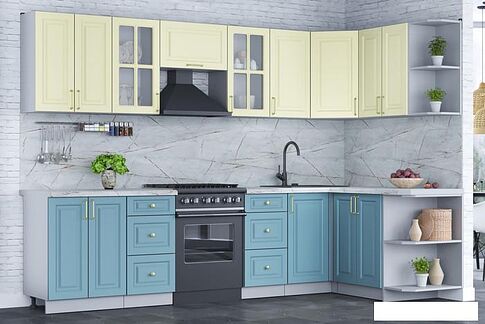 Готовая кухня Интерлиния Мила Шато 1.5x3.0 правая (слоновая кость/океан/серый каспий)