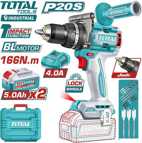Ударная дрель-шуруповерт Total TIDLI201668 (с 2-мя АКБ, кейс)