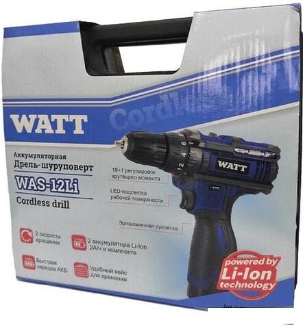 Дрель-шуруповерт WATT WAS-12Li 1.012.025.21 (с 2-мя АКБ, кейс)