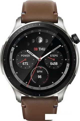 Умные часы Amazfit GTR 4 (серебристый, с коричневым кожаным ремешком)
