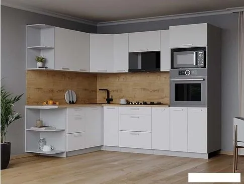 Готовая кухня Интерлиния Мила Лайт 1.68x2.4 левая (белый платинум/белый платинум/дуб бунратти)