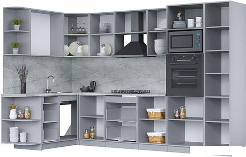 Готовая кухня Интерлиния Мила Лайт 1.68x3.2 левая (серебро/дуб веллингтон/белый гранит)