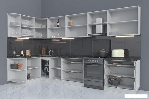 Угловая кухня Интерлиния Мила Матте 1.5x3.6 Б левая (белый/белый/опал светлый)