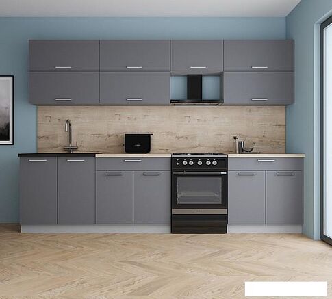 Готовая кухня Интерлиния Мила Gloss 60-30 (серый софт/серый софт/травертин серый)