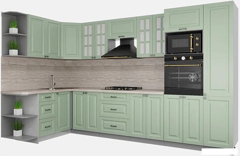 Готовая кухня Интерлиния Мила Деко 1.68x3.4 левая (мята-мята-травертин серый)