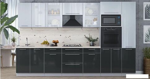 Готовая кухня Интерлиния Мила Пластик 3.4 (туманный глянец/антрацит/бискайская сосна)
